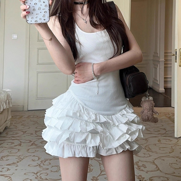 White Lace Splicing Suspender Dress for Women 2025 Summer New Ballet Style Slimming Look Fluffy Cake Short Skirt