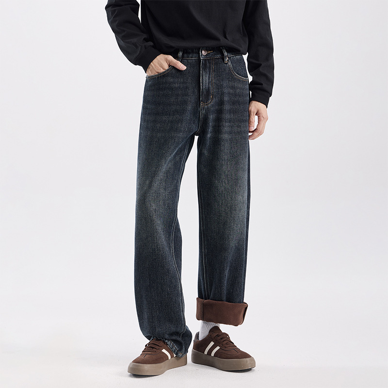 2025 Winter Heavyweight Retro Fleece-Lined Denim Pants for Men, Loose Straight Thickened Warm Long Trousers