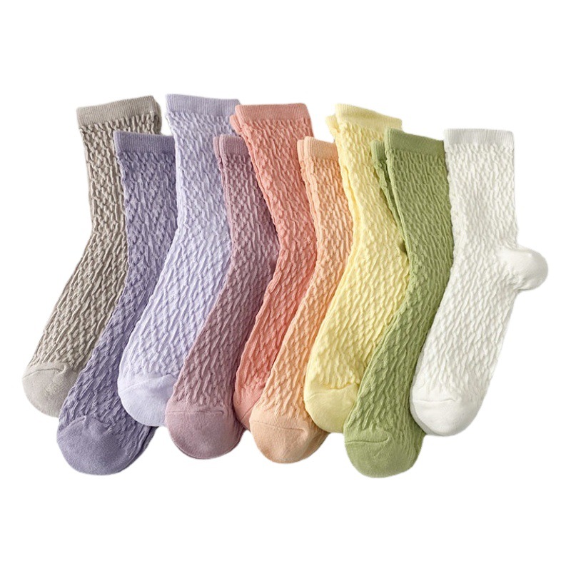 El color crema peinó los calcetines del caramelo de la malla del algodón del color sólido de la mitad-becerro de las mujeres