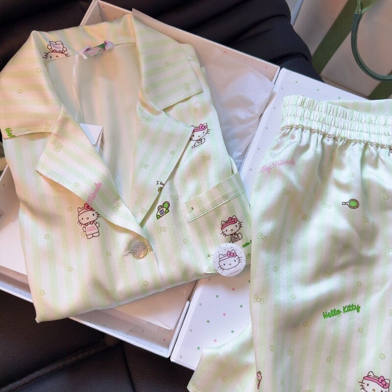 2025 Summer Cute Kate Cat Pajamas Women's Long Sleeve Trousers Ice Silk Baseball Polka Dot Home Clothes Non-Returnable and Non-Exchangeable