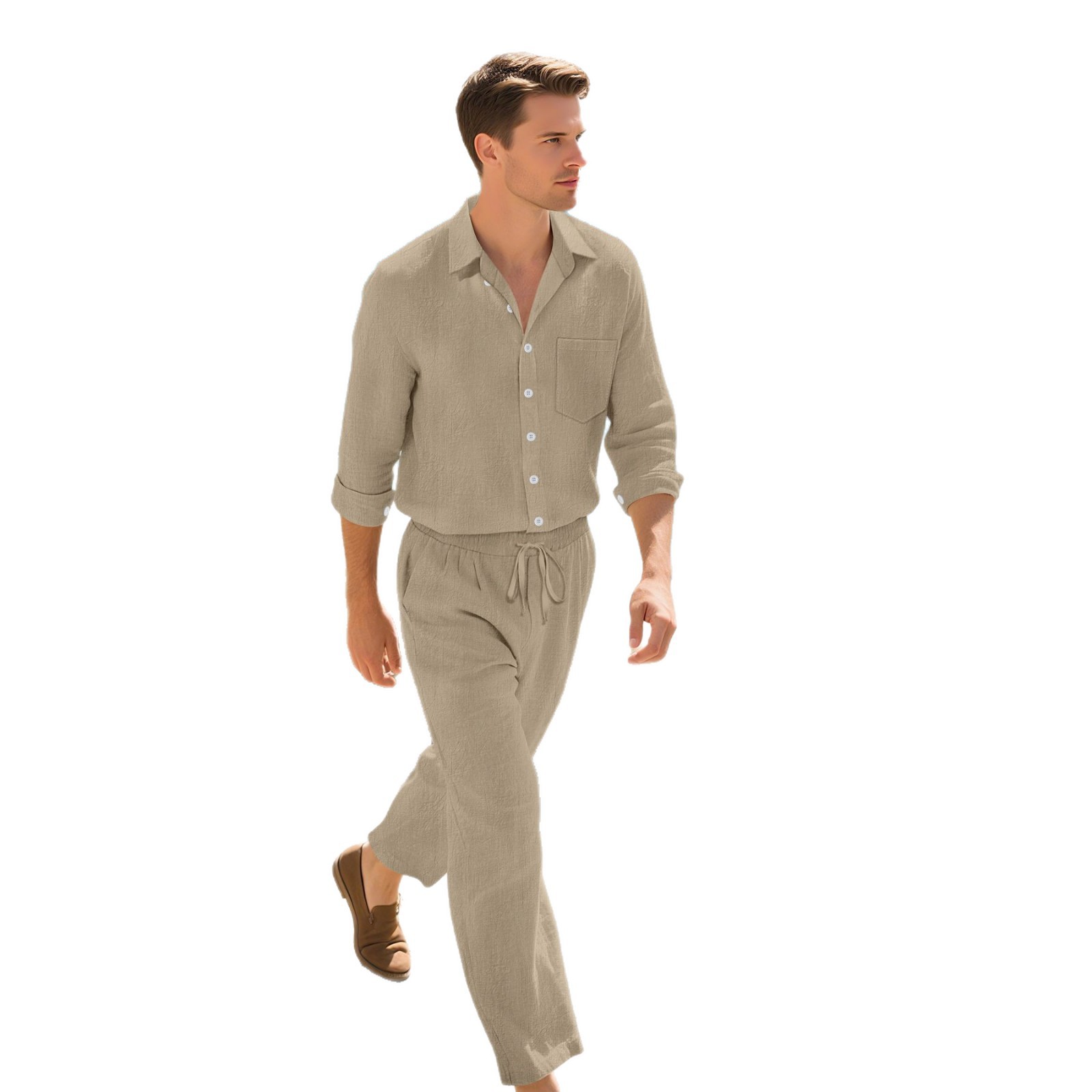 Autumn New Linen Men's Casual Loose Breathable Long Sleeved Trousers Shirt Beach Suit_voghion.com