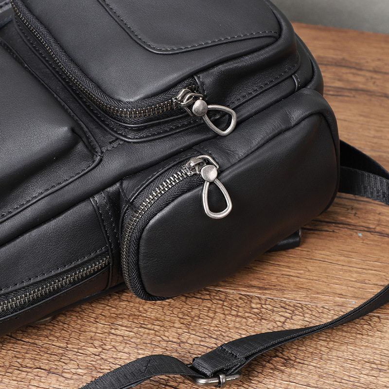 Túi đeo chéo nam da bò lớp đầu kiểu đeo ngực đa năng 22×12×28 cm — Màu đen chi tiết 14