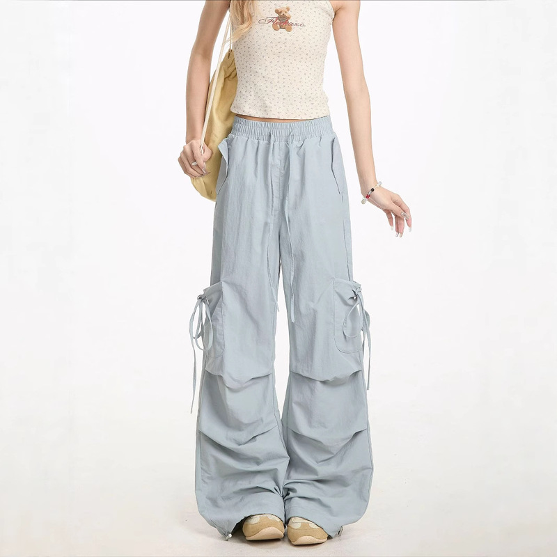 Neresu Cargo Pants Women's American Bow Tie Pants Loose Straight Quick-Drying Pleated Sports Casual Pants