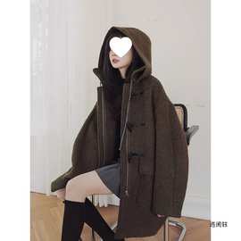 遇阅钰学院风牛角扣呢子大衣女加厚冬季新款韩版宽松小个子毛呢外