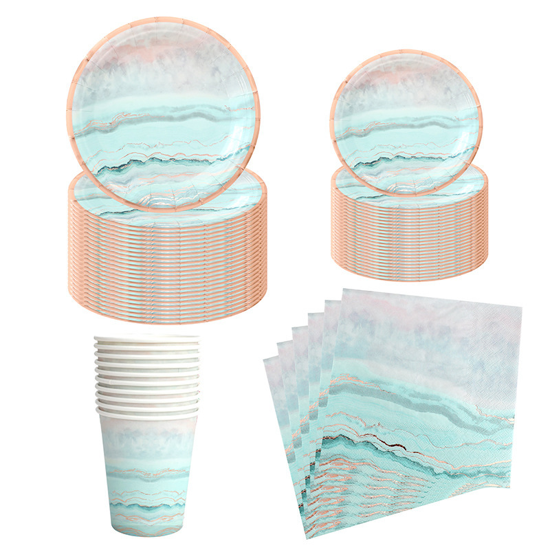 Cross-border Paper Plate Bronzing Gradient Green Party Tableware Disposable Cake Birthday Party Party Dinner Plate suit