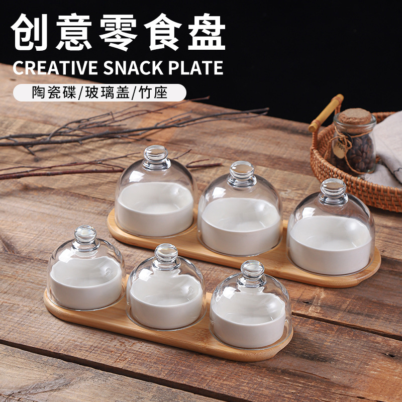 Plato de bocadillos de cerámica creativo con cubierta de vidrio, té de la tarde, postre, tazón de horneado, plato de refrigerio casero, plato de fruta seca