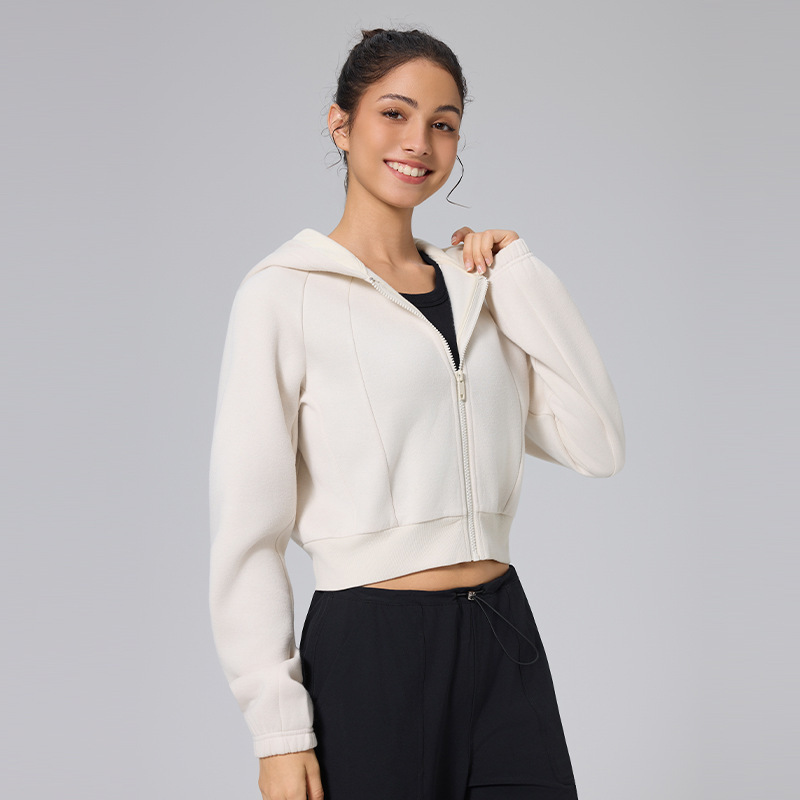 秋冬短款运动外套女拉链加绒瑜伽健身服小个子显高休闲连帽上衣|undefined