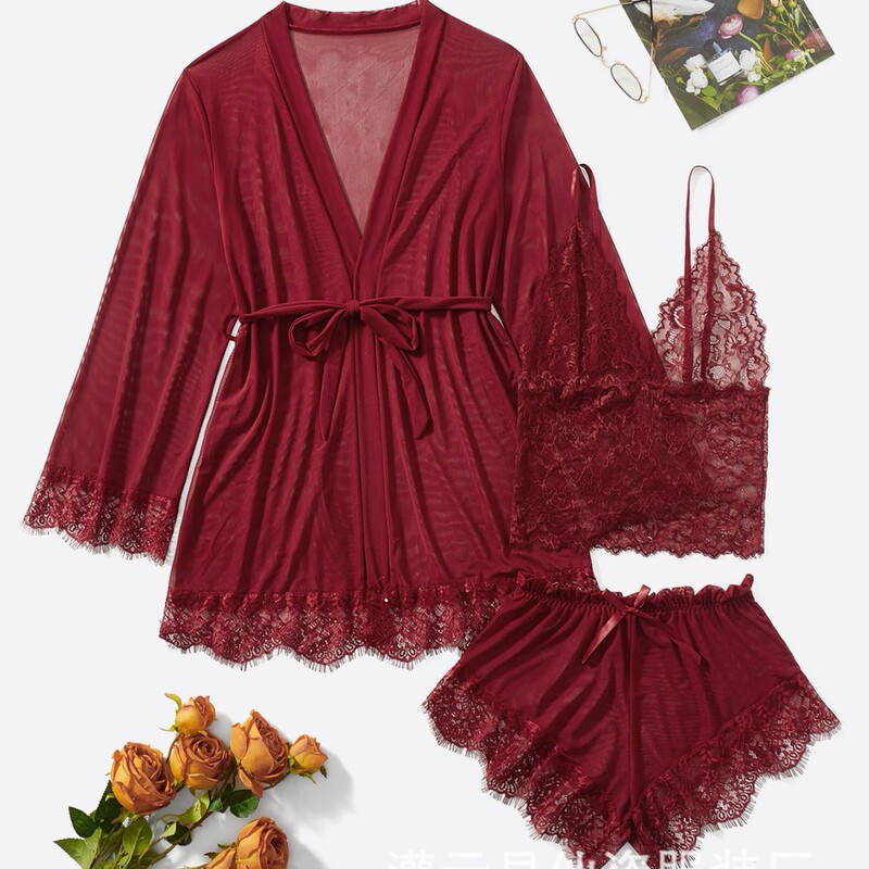 Xiyin Hot-Selling New European and American Style Pajamas, Mesh Sexy Lace Camisole Set, Women's Three-Piece Set, Direct from the Factory