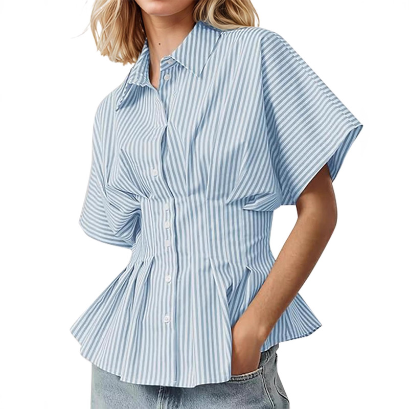 European and American Cross-Border Amazon 2025 Style Striped Shirt Buttoned Short-Sleeved Pleated Ruffle Shirt Top European and American Cross-Border Amazon 2025 Style Striped Shirt Buttoned Short-Sleeved Pleated Ruffle Shirt Top