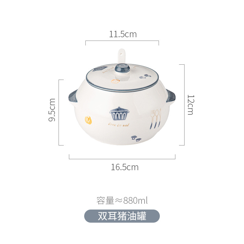 Frasco de cerámica para aceite de cerdo estilo japonés - Con cuchara integrada y tapa - Resistente al calor - Para aceites y condimentos