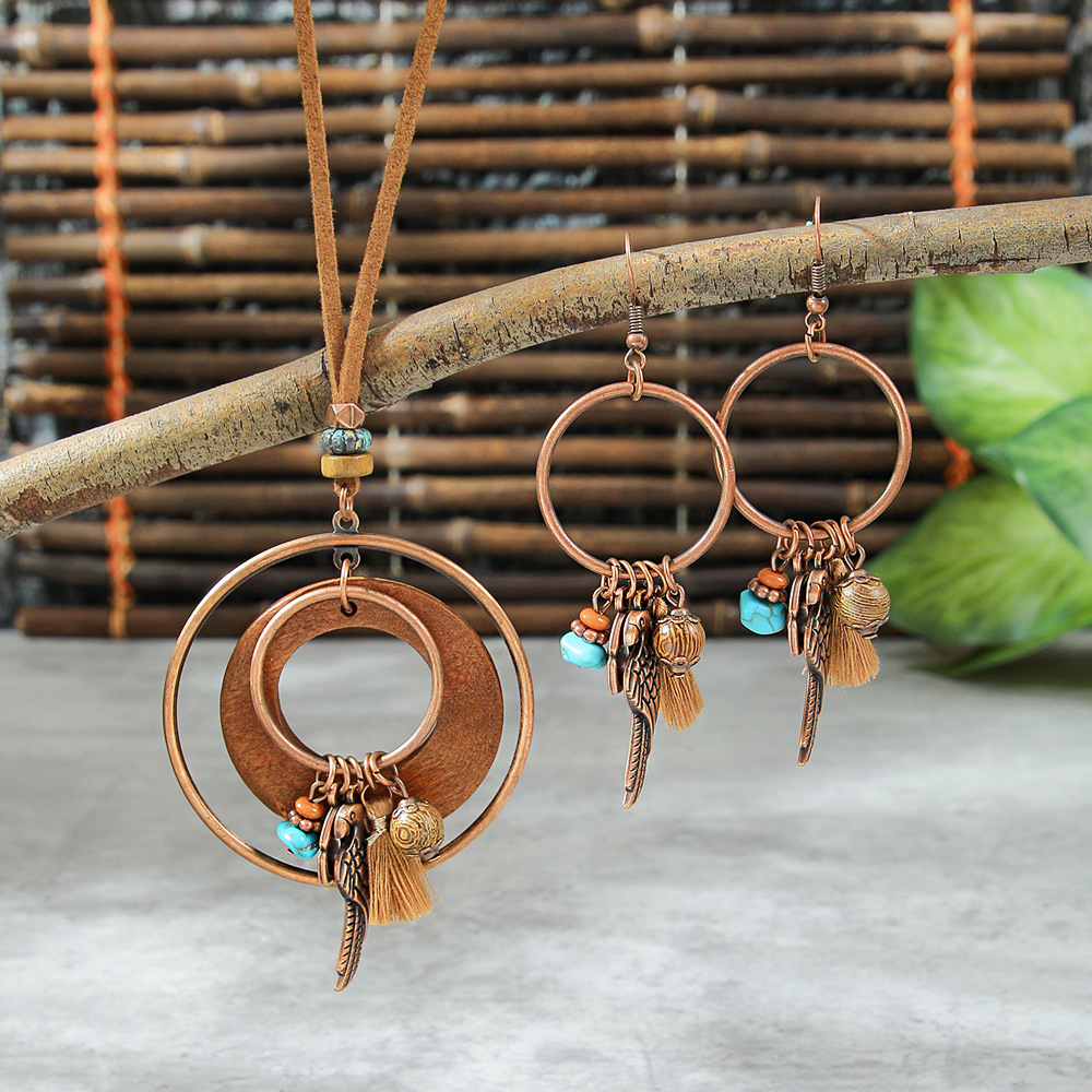 Bohemia Dream Catcher borla pendientes collar de madera estilo étnico largo borla colgante accesorios suéter cadena