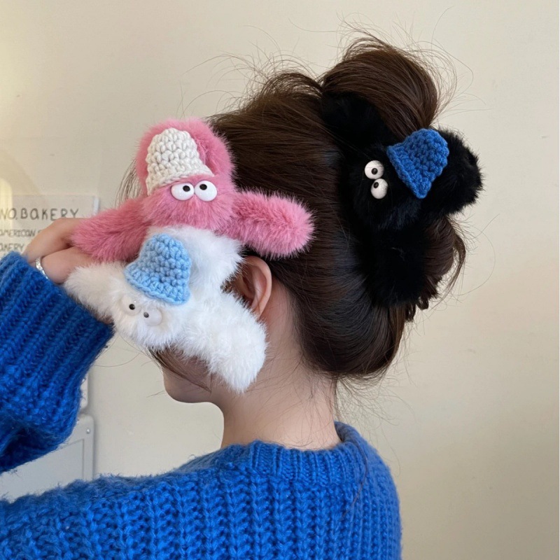 秋冬髮飾可愛毛毛絨精靈髮夾女後腦勺鯊魚夾高級感仿水貂毛抓夾