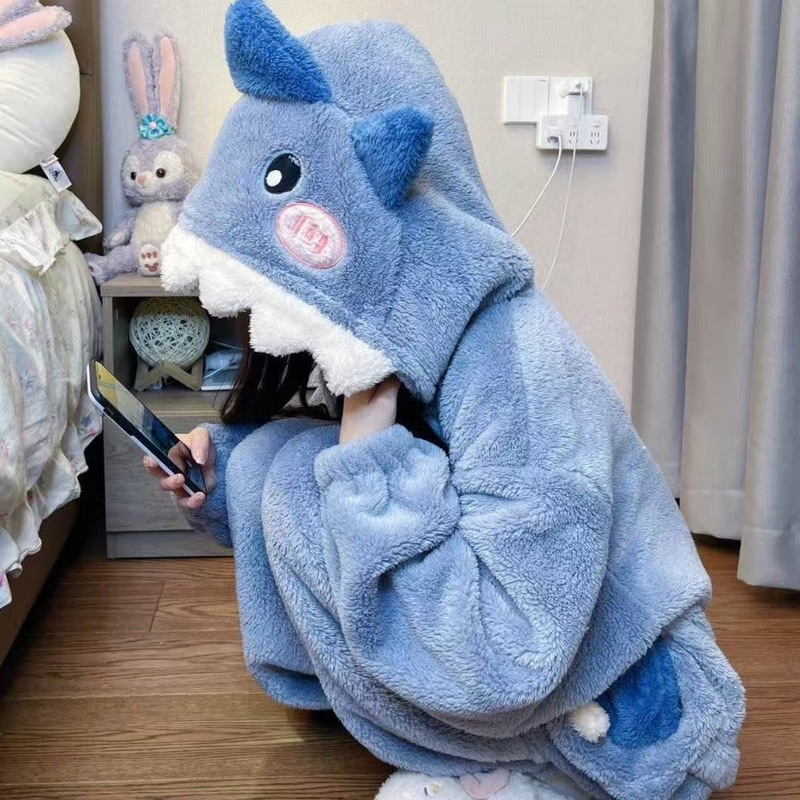 可爱卡通小丑鱼珊瑚连体睡衣冬季新款加绒加厚家居服睡袍连帽外穿|undefined