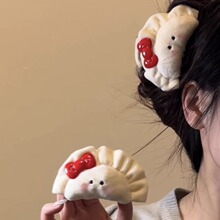 可爱毛绒腮红蝴蝶结饺子发夹女刘海侧边夹春节发抓后脑勺盘发夹