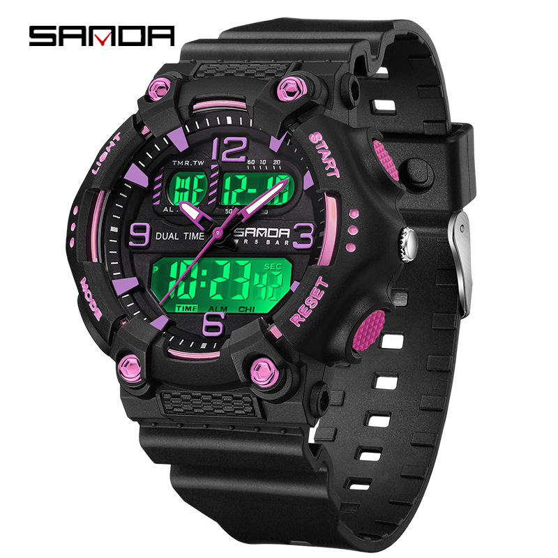 SANDA reloj juvenil de moda color contraste doble pantalla reloj multifuncional para hombres y mujeres estudiantes reloj electrónico de luz nocturna
