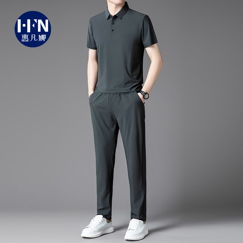 Ice Silk Smooth Men's Casual Suit Summer New Youth Short-sleeved Lapel T-shirt Sports Trousers Two-piece Suit for Men Ice Silk Smooth Men's Casual Suit Summer New Youth Short-sleeved Lapel T-shirt Sports Trousers Two-piece Suit for Men