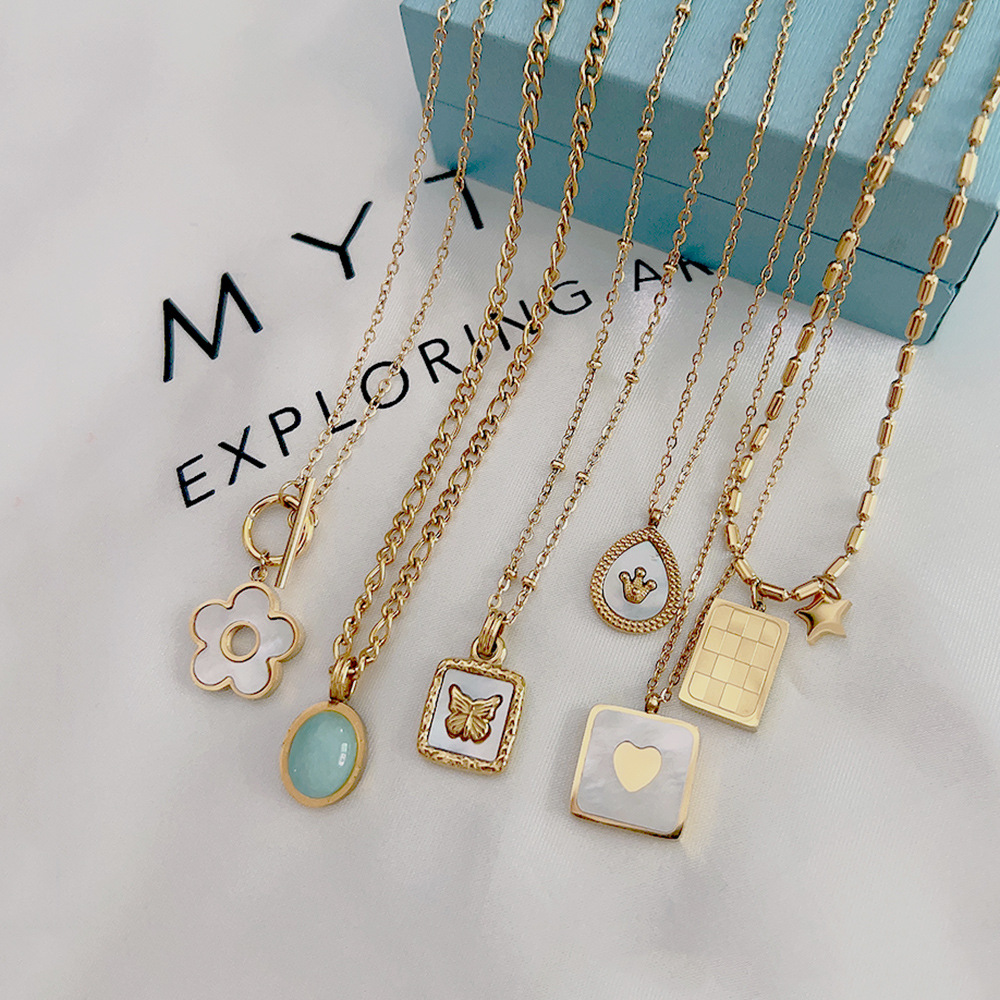 Daily Occasion Stainless Steel, Titanium Steel Material Fashion Square Water Droplets Flower Stainless Steel Titanium Steel Plating Inlay Shell Pendant Necklace 1 Piece