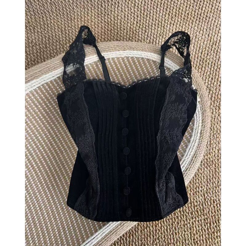 French Retro New Style Lace Splicing Velvet Camisole for Women, Designer Niche Slim Fit Top for Women