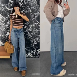 2025早秋新款欧美CE同款高腰复古浅蓝阔腿微喇叭拖地牛仔长裤女