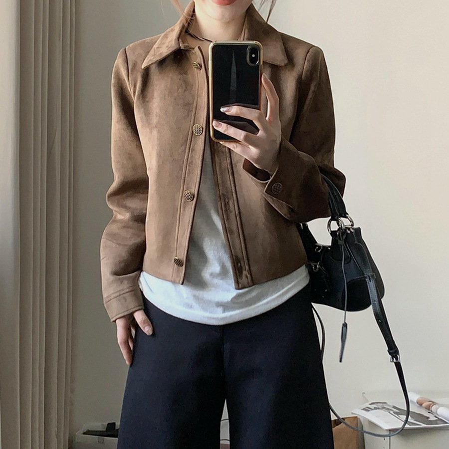 美拉德麂皮绒外套女短款2025秋冬新款复古宽松小个子薄款夹克上衣