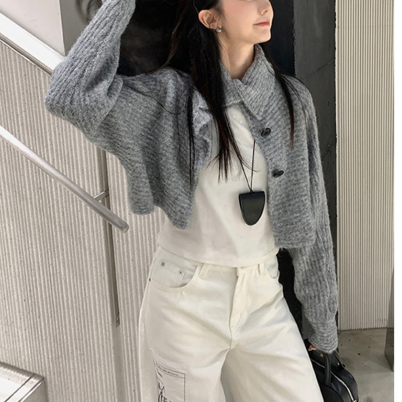 区区欧阳 翻领针织衫女冬季新款慵懒风开衫毛衣外套软糯短款上衣|undefined