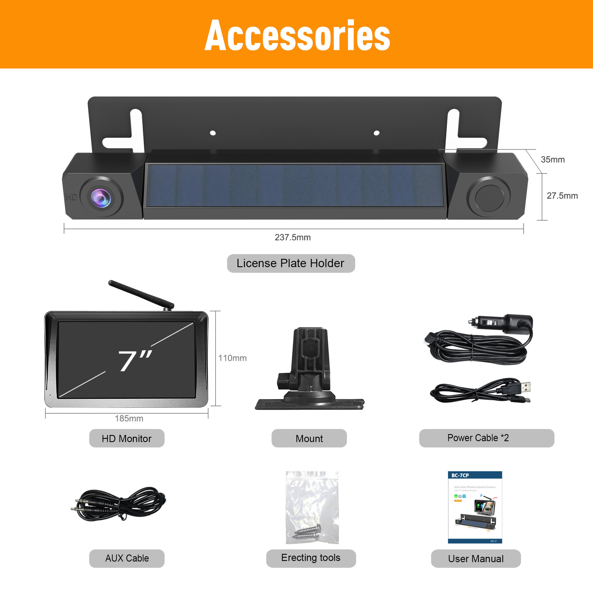 7inch Carplay car display solar-powered reversing camera