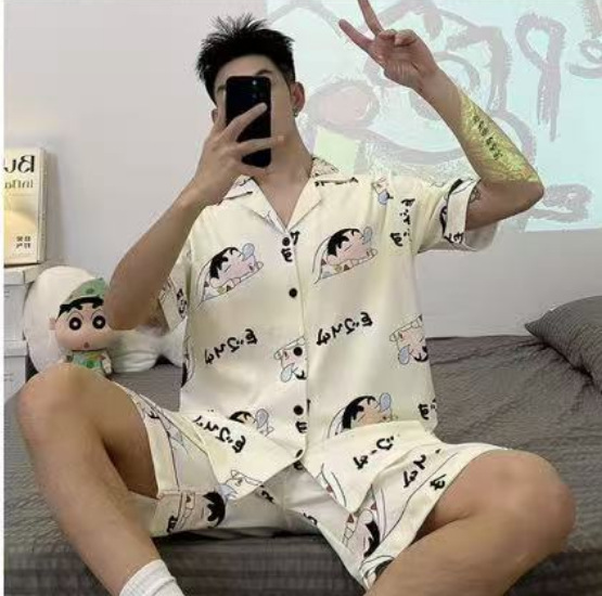 Cloud Cotton Pajamas Men's New Summer Thin Cartoon Small New Short-Sleeved Pants Two-Piece Set Simple Can Be Worn Outside Home Clothes