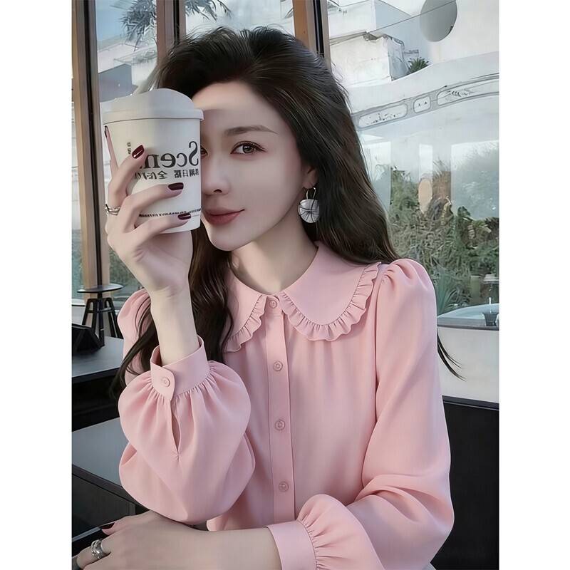 260194 Doll Collar Shirt for Women, Loose Korean Style Long-Sleeved Pink Internet Celebrity Shirt, Cute and Sweet Top