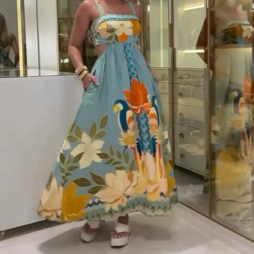 Cross-Border Independent Station 2025 New Sexy Women's Tropical Rainforest Print Sleeveless Bohemian Suspender Dress