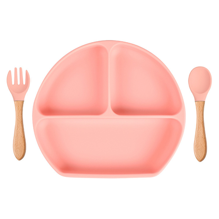 スポット分格子供食器ベビー吸盤シリコンボウル赤ちゃんスプーンストロー一体式シリコン皿|undefined