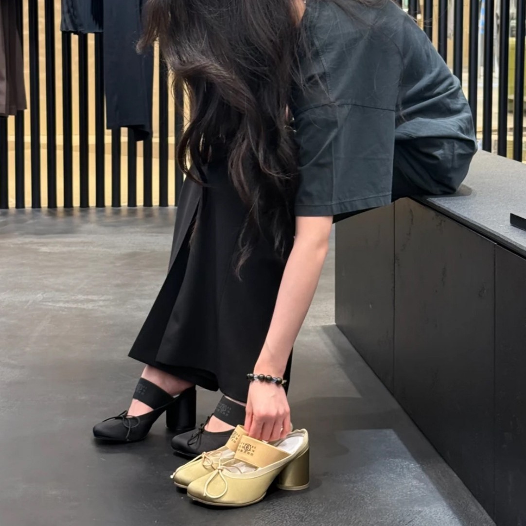 Jennie Mm6 Same Style Apple Head Hollow Back Shallow Mouth Flats 2025 Spring & Fall New Ballet High Heels Women's Thick Heels