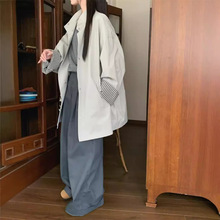 实拍 2024早秋撞色格子翻边袖中长款风衣外套+碳灰色洗水休闲裤女