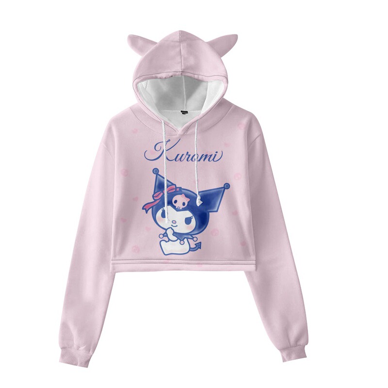 Foreign Trade New Cartoon kuromi kuromi Element Pink 3 Printed Navel Hat Sweater Long Sleeve Spring and Autumn