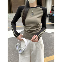 实拍实价 春季韩版撞色杠条圆领插肩印花纯棉长袖打底T恤内搭上衣