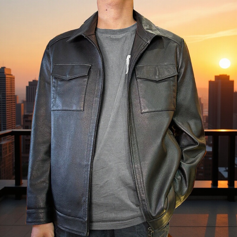 Soft High-End Black Men's Leather Jacket Made of First-Layer Sheepskin with a Lapel, Casual, Simple, Business-Style, Pure Leather Jacket