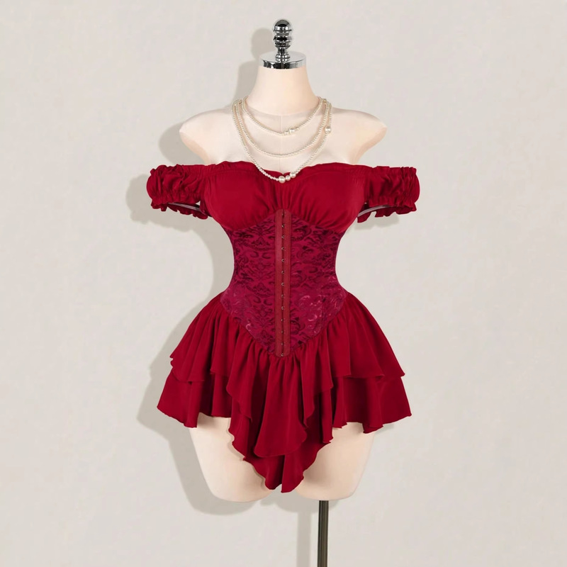 Jacquard Patchwork Pleated Ruffle Off-Shoulder Multi-Layered Ruffle Hem A-Line Chiffon Mini Dress 1169 # Jacquard Patchwork Pleated Ruffle Off-Shoulder Multi-Layered Ruffle Hem A-Line Chiffon Mini Dress 1169 #
