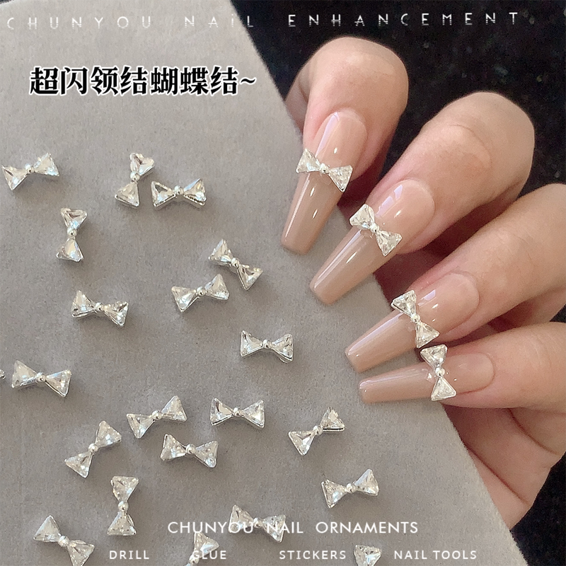Internet famous new silver bow tie bow nail drill finished alloy bow pile drill super flash nail decoration