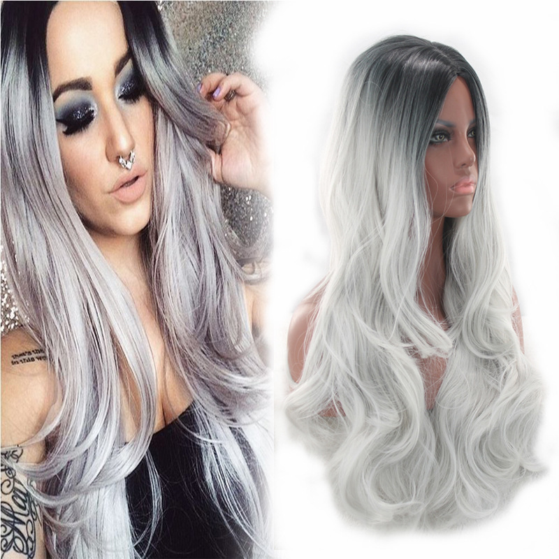curly silver-gray wavy wig with hair parting
