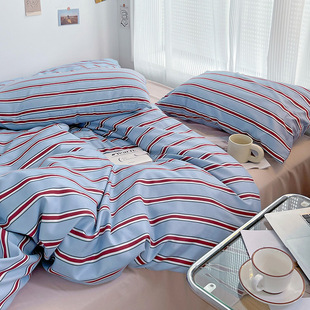 Korean ins blogger style modern simple red and blue pinstripe khachi sheets 1.5 meters 1.8m quilt cover three or four pieces