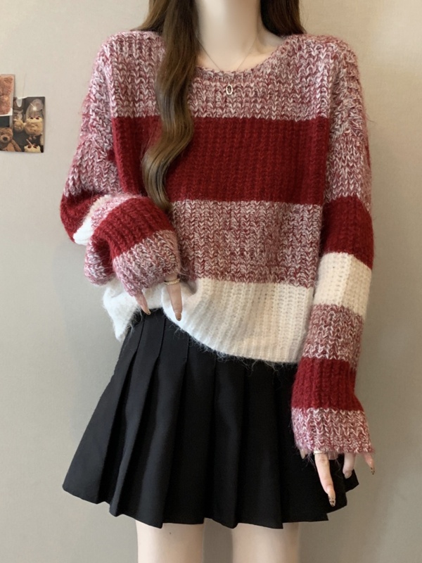 今年流行条纹撞色毛衣女2025秋大码胖mm宽松软糯慵懒风宽松针织衫|undefined