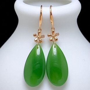 18K Gold Natural Hotan Jasper Water Drop Earrings Earrings Gold-inlaid Jade Emerald Double-sided Jade Earrings