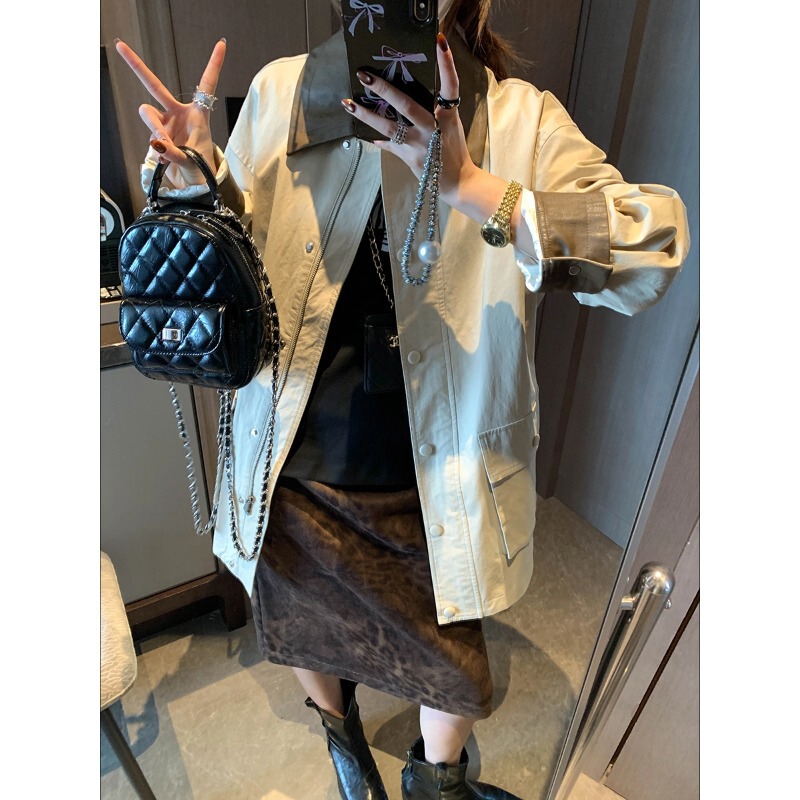 Moqie Early Spring New Style Retro Color-Block Pu Leather Patchwork Turn-Down Collar Loose Mid-Length Trench Coat Mq1110 Moqie Early Spring New Style Retro Color-Block Pu Leather Patchwork Turn-Down Collar Loose Mid-Length Trench Coat Mq1110