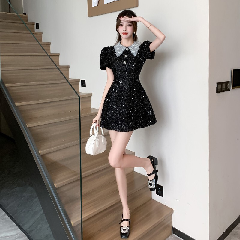 Doll Collar Tight Waist A- Line Skirt Cross-border Women's Brilliant Silk Hand-nailed Lapel Shape Water Diamond Buckle Tight Waist Dress