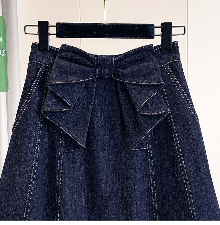Chân váy denim dáng chữ A cạp cao có nơ, dáng midi che khuyết điểm tôn dáng — Màu xanh dương chi tiết 13