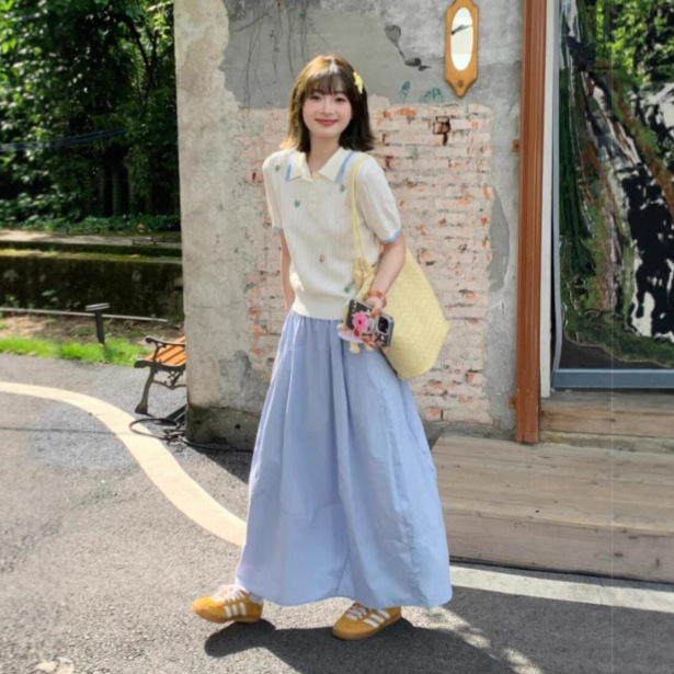Dress for Women, New Spring and Summer Style, Age-Reducing Polo Collar Knitwear T-Shirt, Blue Long Skirt Two-Piece Set