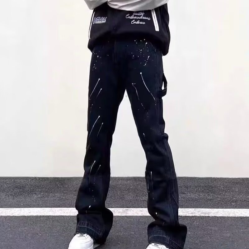Men's Clothing High street washed distressed patchwork lumberjack jeans for men Retro fashion trend ink splashed print wide leg trousers_voghion.com