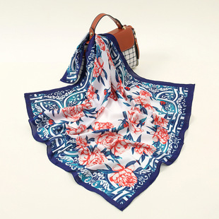 Spring and Summer New Hot-Selling Blue and White Satin Square Scarf Korean Fashion Versatile Professional Small Scarf Retro Printed Silk Scarf for Women