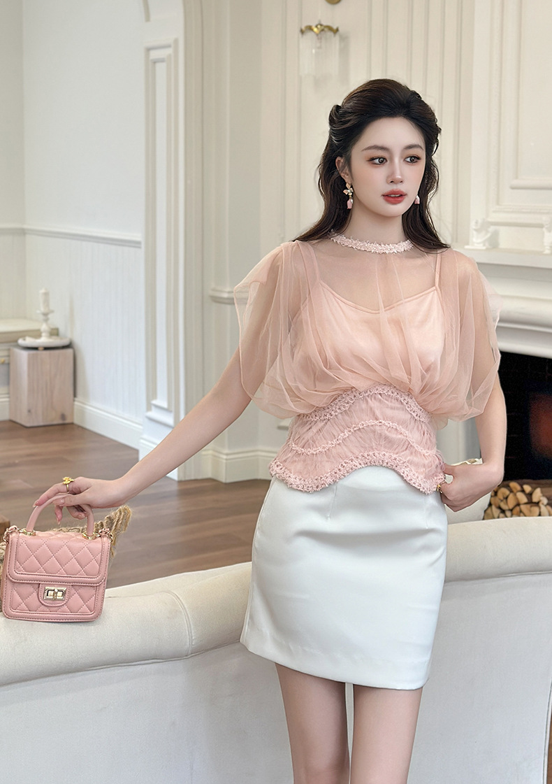 Áo lưới nữ phong cách Pháp tay cánh dơi thắt eo giả hai mảnh — hồng chi tiết 8