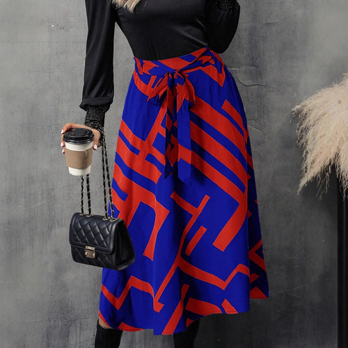  Spring and Autumn New European and American printing belt fashionable casual commuter skirt for women