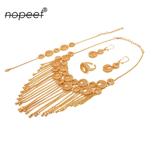 NOPEET Middle East Dubai 24k Gold Plated Gold Jewelry Set African Necklace Earrings Ring Bracelet Four-Pack